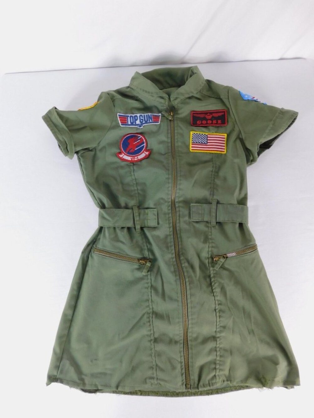 Top Gun Flight Suit Dress Womens Small Green Zip Shirt Short Sleeve Patches
